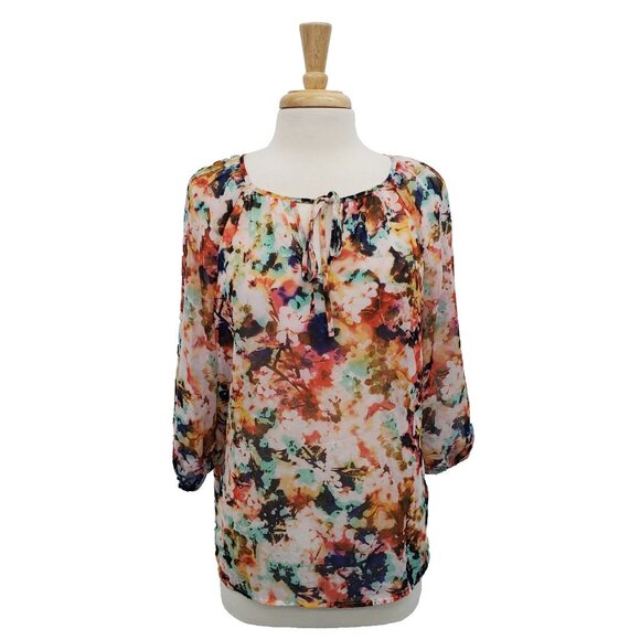 A.n.a Petite Floral Chiffon Blouse Size PL Sheer Peasant Tie Neck Boho Top - Picture 2 of 15
